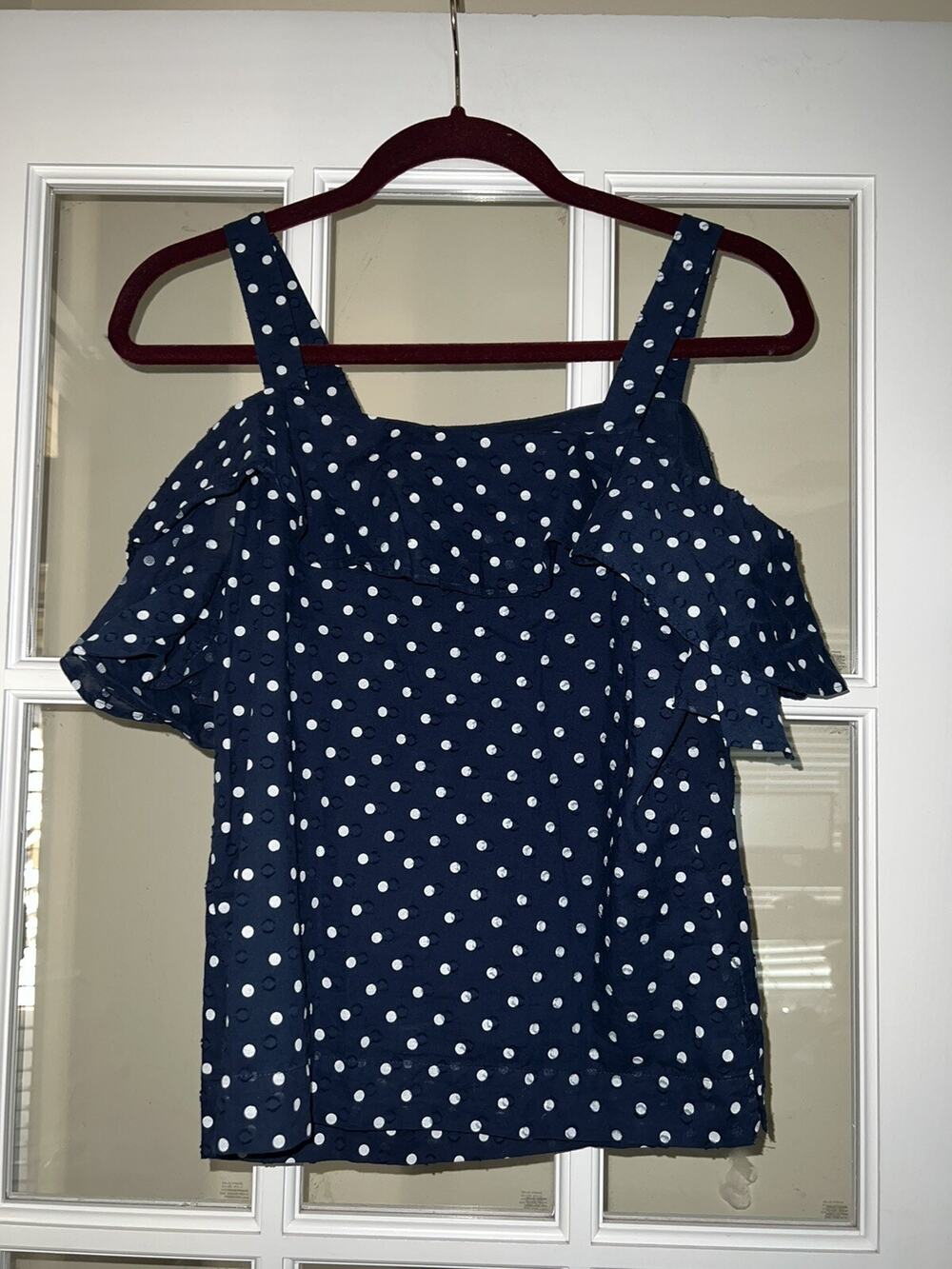 J.Crew womens navy polka dot cold shoulder summer blouse preppy size 00